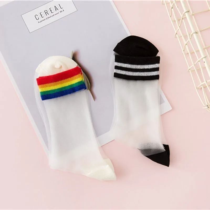 

Woman Socks Harajuku Transparent Cute Socks Summer 2019 Korean Style Women Rainbow Socks Nylon Sexy Fashion Socks Striped Socks