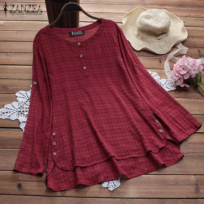  2019 ZANZEA Vintage Women Blouse Casual Plaid Shirt Summer Ladies Long Sleeve Blusas Loose Robe Fem