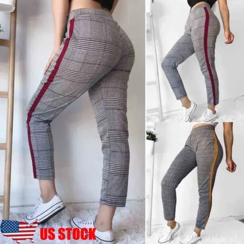 

Womens High Waist Elastic Harem Pants Casual Stretch LadysSkinny Plaid Slim Joggers Pencil Pants Trousers