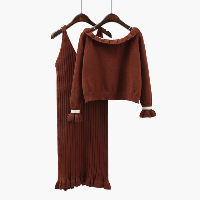 Special Price LANMREM 2018 Fashion Women Autumn Kintting Two-piece Suit O-neck Ruffles Pullover Long Sleeve Tops Sling Dress Female Set KB100 Special Price LANMREM 2018 Fashion Women Autumn Kintting Two-piece Suit O-neck Ruffles Pullover Long Sleeve Tops Sling Dress Female Set KB100