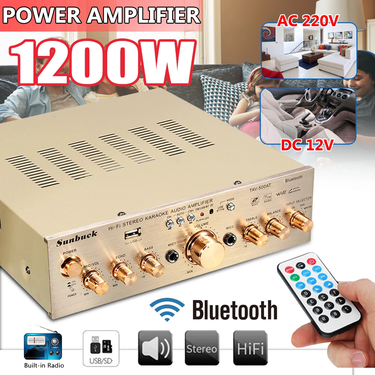Sunbuck 12V/ 220V 1200W HIFI Car Audio Stereo Power Amplifier bluetooth