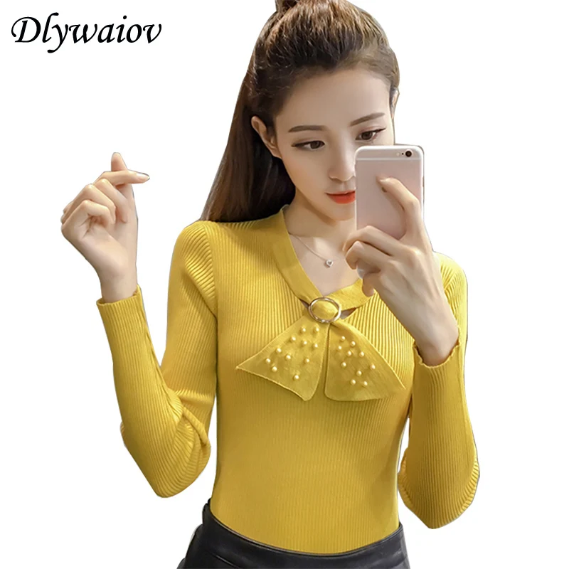 New Sweater Women Fashion Bow V neck Slim Knitted Pullover Temperament Female Solid Color Stretch Autumn Winter Bottoming Tops