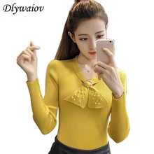 New Sweater Women Fashion Bow V neck Slim Knitted Pullover Temperament Female Solid Color Stretch Autumn Winter Bottoming Tops