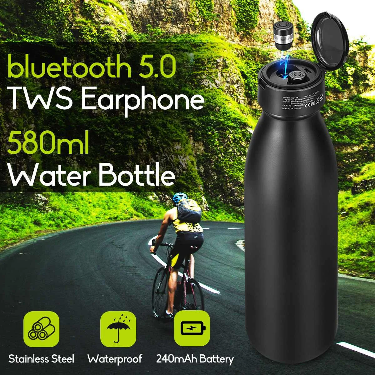 

580ml Bicycle Water Bottle Outdoor Sport Cycling Camping Drinking Bottle 2-IN-1 +TWS Wireless bluetooth 5.0 Waterproof Earphone