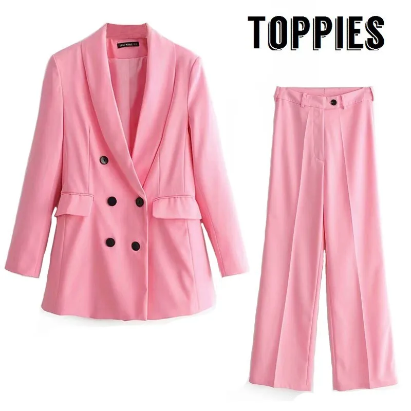 

Pink Blazer 2019 Office Lady Suit Set Double Breasted Long Blazer Jacket High Waist Straight Pants