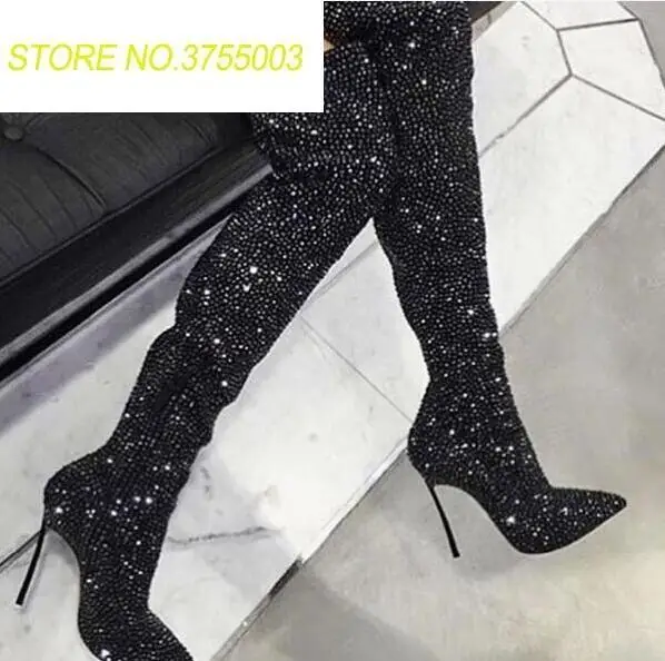 

Luxury Crystal Cover Women Pointy Toe Boots Glittering Metal Thin High Heel Thigh High Boots Slim Fit Bling Rhinestone Boots