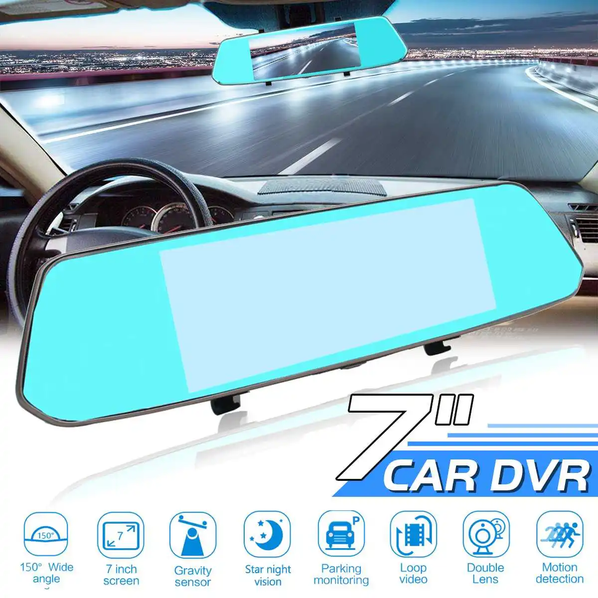Kopen 7 inch Full HD 1080 p Touchscreen Auto DVR Dual Lens Video Recorder Auto Registrator Dash Cam Blauw Spiegel Omkeren camera