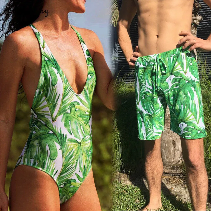 man and woman matching swimsuits