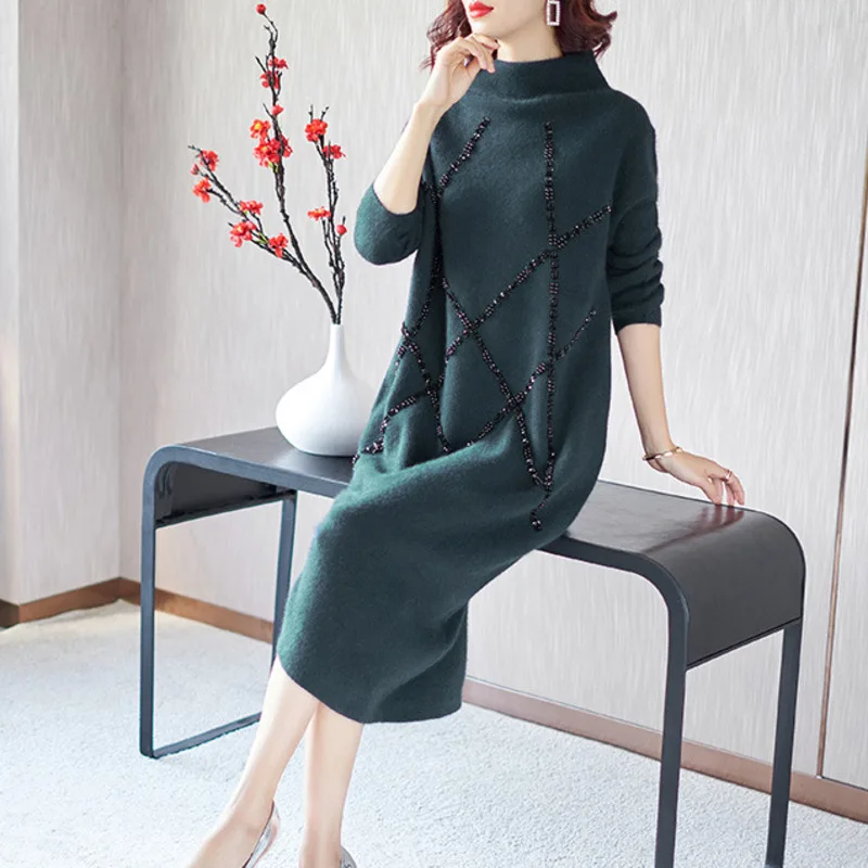 

LANMREM 2019 Winter Fashion New Pattern High Lead Long Sleeve Thickening Keep Warm Pearl Long Fund dress WC83106XL