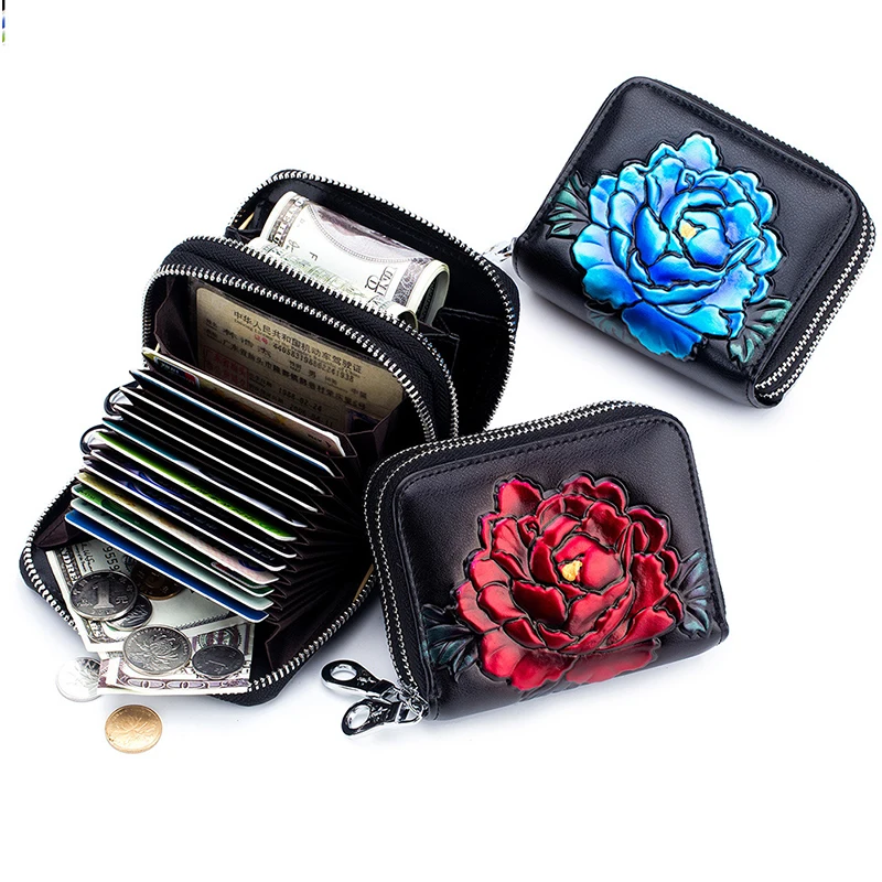 

Genuine Leather Wallet Women Rose Pattern Multi Slots Card Holder Short Double Zipper Accordion Coin Purse for Lady Clutch Bag