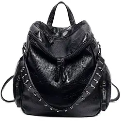 Женская сумка-рюкзак 3 способа из состаренной искусственной кожи заклепки шипованных дамы рюкзак сумка (черный)