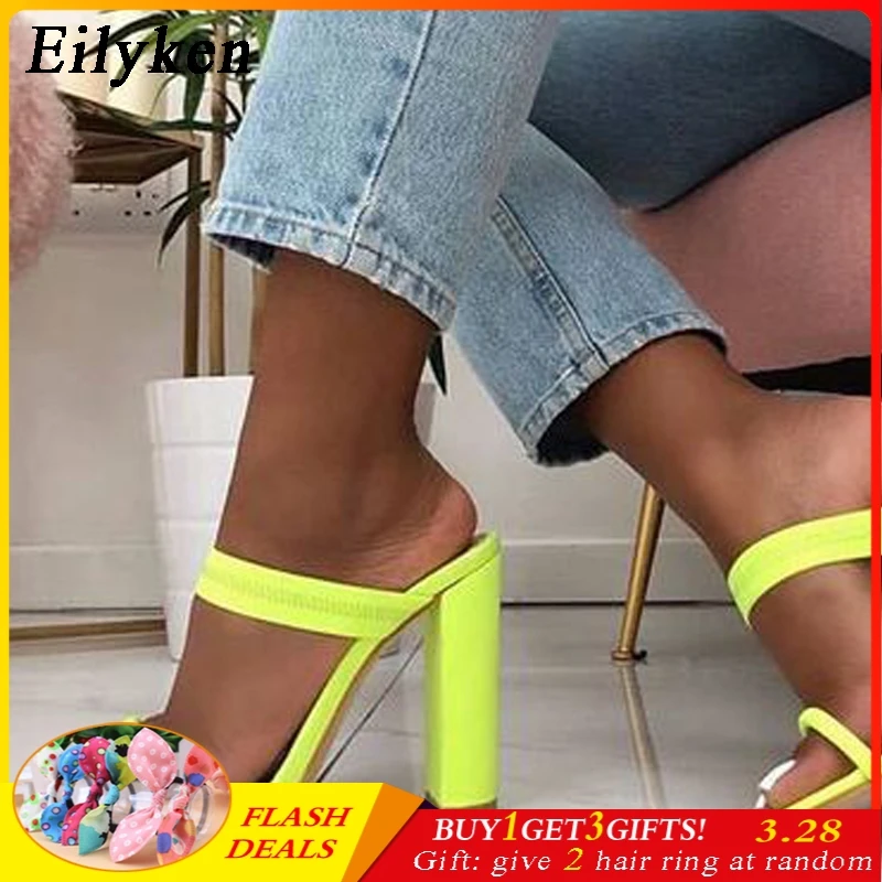 

Eilyken Summer Slippers Sandals Flip Flop Square heel Stretch Fabric Hollow Women Shoes Sexy Slippers Pumps Fluorescent green