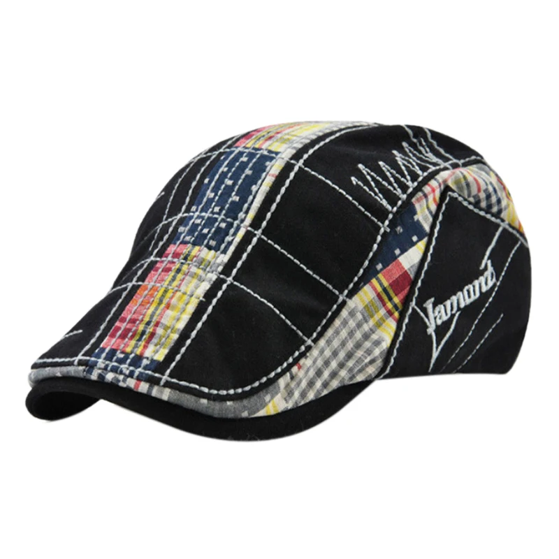 

Jamont Casual Men Cotton Patchwork Beret Cap Women Men Autumn Winter Plaid Duckbill Flat Hat Embroidery Causal England Style H