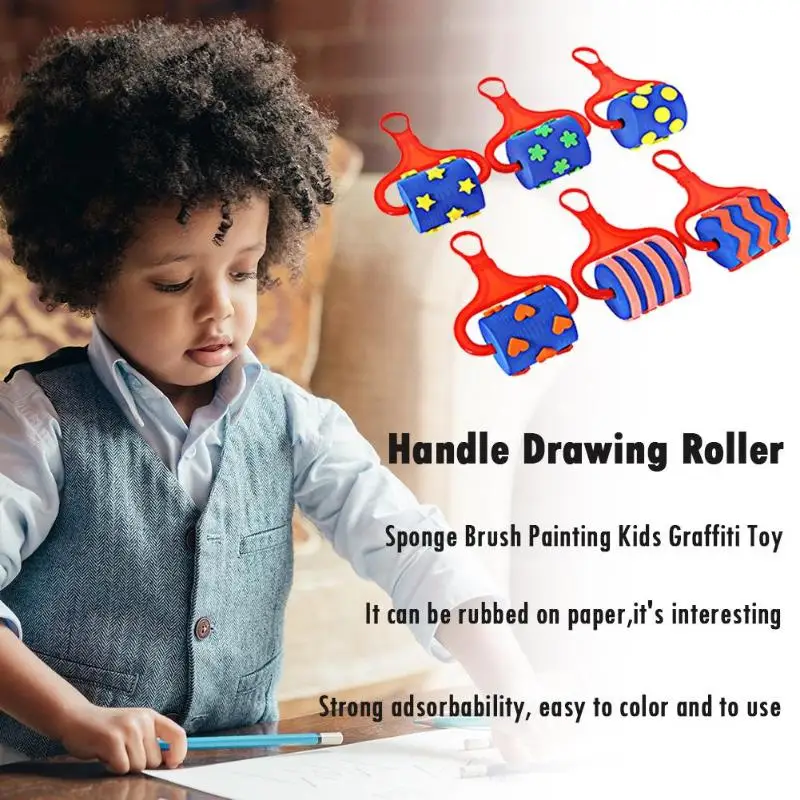  6pcs Creatiuve Plastic Handle Drawing Roller Sponge Brush Painting Kids Graffiti Toy for Children Learing Education Toys Gift 