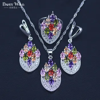 

Chevron Shape Oval Muliticolor Cubic Zirconia Silver Color Costume Jewelry Set Engagement Jewelry Set For Women