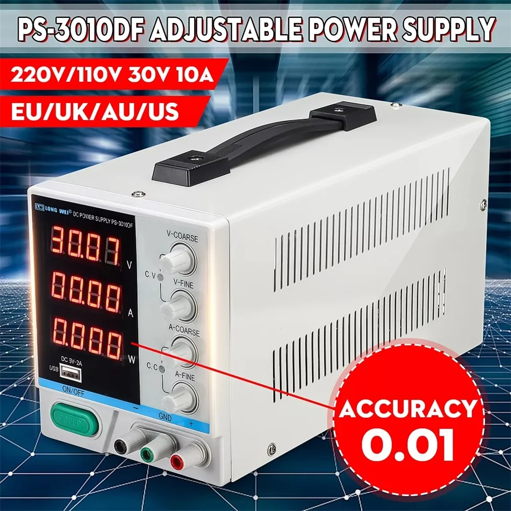 

KKMOON PS-3010DF Adjustable LED Digital Display DC Power Supply Switching Regulated 5V 2A USB Power Supply 110V/220V 30V 10A