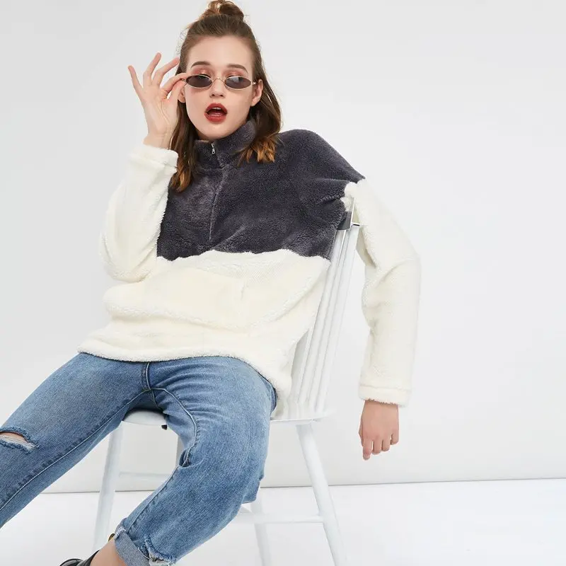 Flannel Sweatshirt Women Autumn Winter Top Patchwork Zipper Streetwear