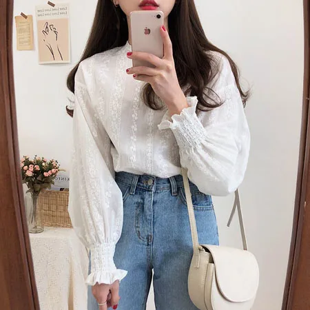  Embroidery Lace Shirt Spring femme Casual white Tops Women Long sleeve Linen Cotton Girls Blouse Pl