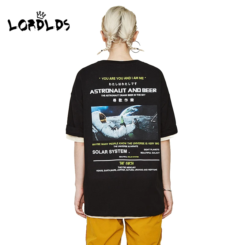 

LORDLDS Women Outer Space T shirt Women 2019 New Summer Spaceman Graphic Print Streetwear Cotton tee shirt femme Couple Tops