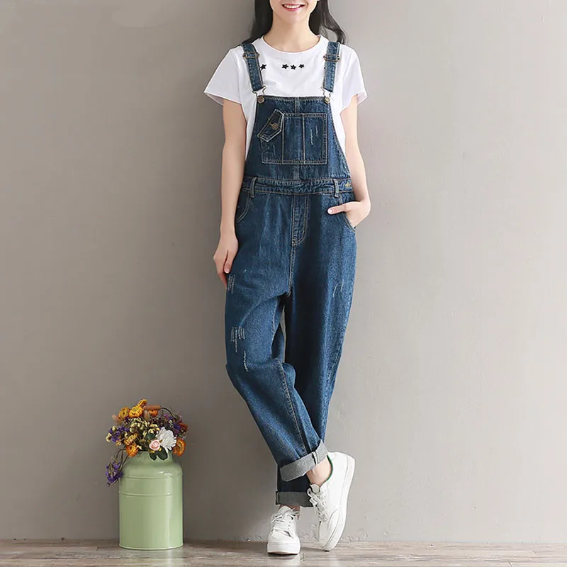 Classic hole dark blue women jumpsuit loose plus size harem pants adjustable length overalls fashion all matches women clothes