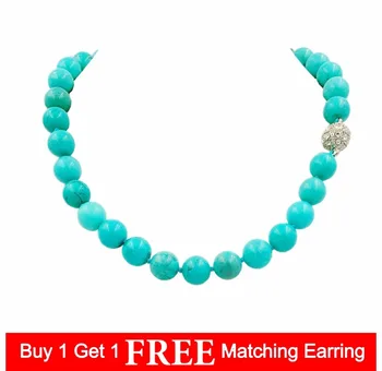 

LiiJi Unique Natural Stone Blue Turquoises 11mm Round Beads Magnet Clasp Necklace 18'' Fashion stone necklace