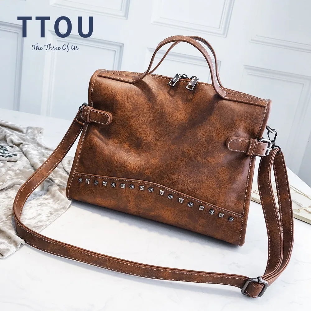 

TTOU Women Rivet Vintage Handbag Girls Fashion Messenger Bag PU Leather Shoulder Bag Larger Top-Handle Bags Travel Bag