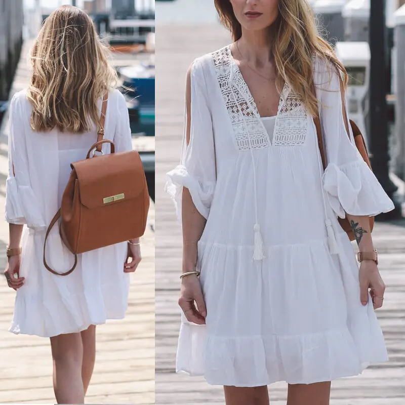 

New Women Casual V-Neck Long Sleeve Lace Trim Short Mini Dress Tops