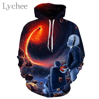 

Lychee Black Hole Einstein Hooded Sweatshirt Space Astronaut Print Women Sweatshirt Casual Loose Tops