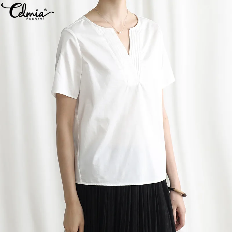 Fashion Women Blouses 2019 Celmia Casual V neck Short Sleeve Summer Tops Casual Work Office