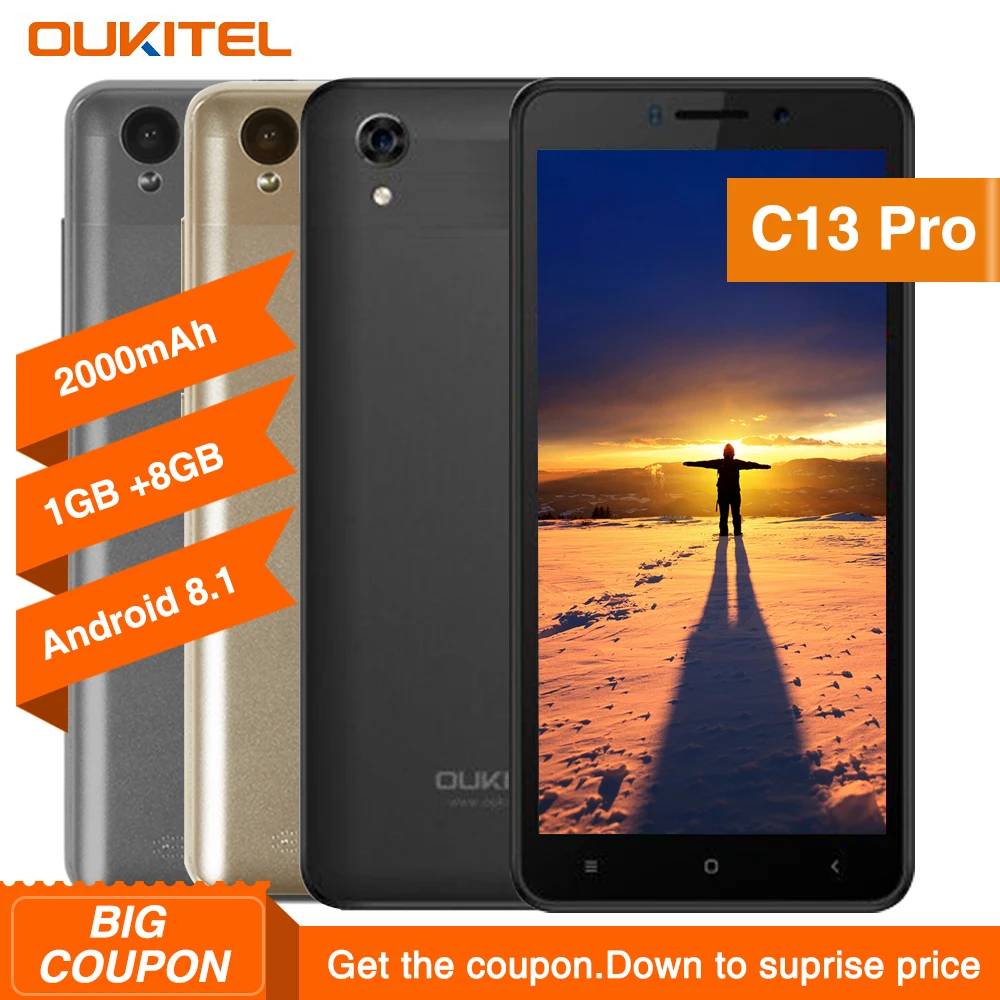 Oukitel C10 3G Smartphone 5.0 Inch 18:9 Display Dual Sim 2000 mah Android 8.1 1G RAM 8G ROM MTK6580 Quad Core Mobile Phone