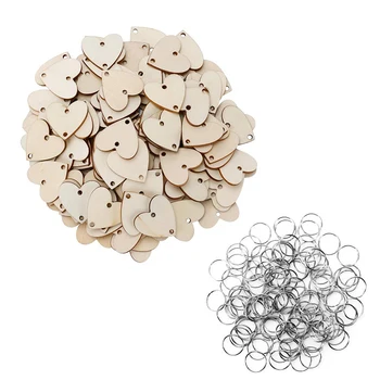 

100pcs Heart Shaped Wooden Hanging Ornament Heart Craft Tags DIY Wood Crafts with Iron Rings for Wedding Party Decoration Gift