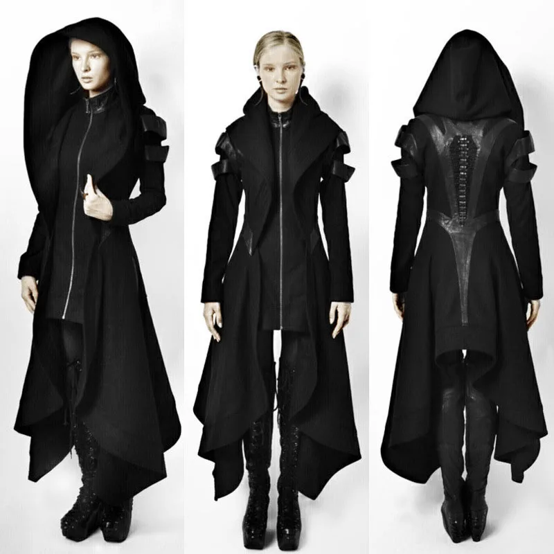 

Irregular Jacket Women Hooded Coat Punk Gothic Cosplay Steampunk Jacket Zipper Black Overcoat