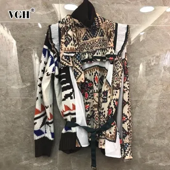 

VGH Female Knitting Sweater Turtleneck Long Sleeve Patchwork Ruched Casual Sweater For Women Fashion Elegant Winter 2020