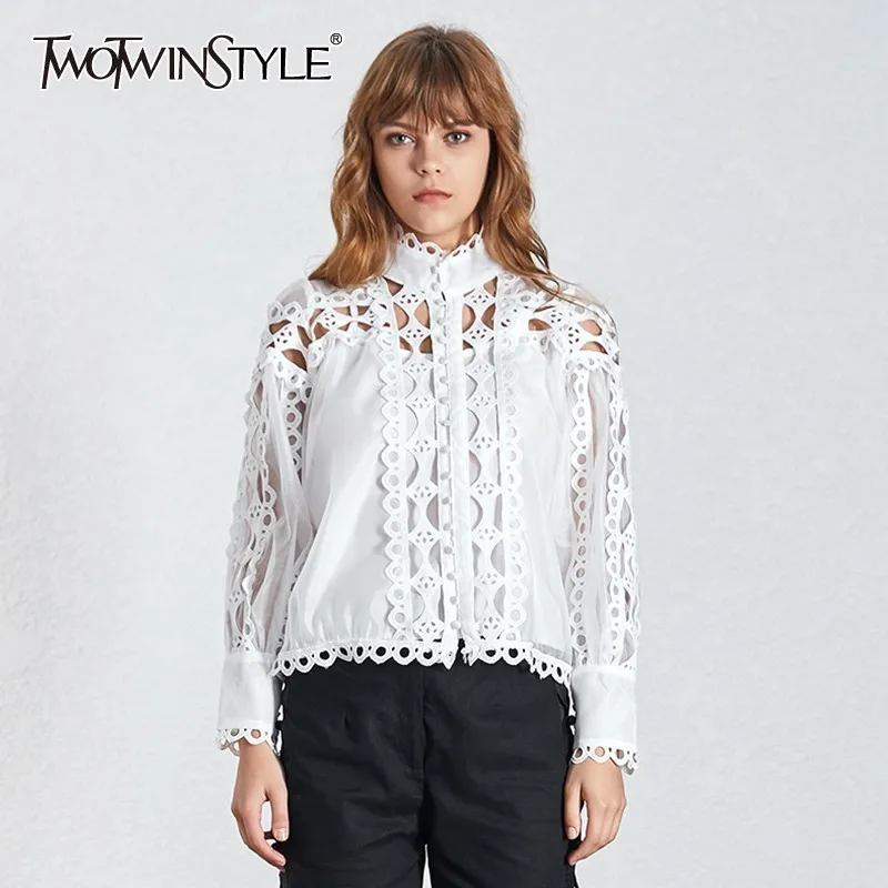 

TWOTWINSTYLE Summer Solid Women's Blouse Stand Collar Long Sleeve Perspective Button Hollow Out Clothing Female 2019 Fashion New