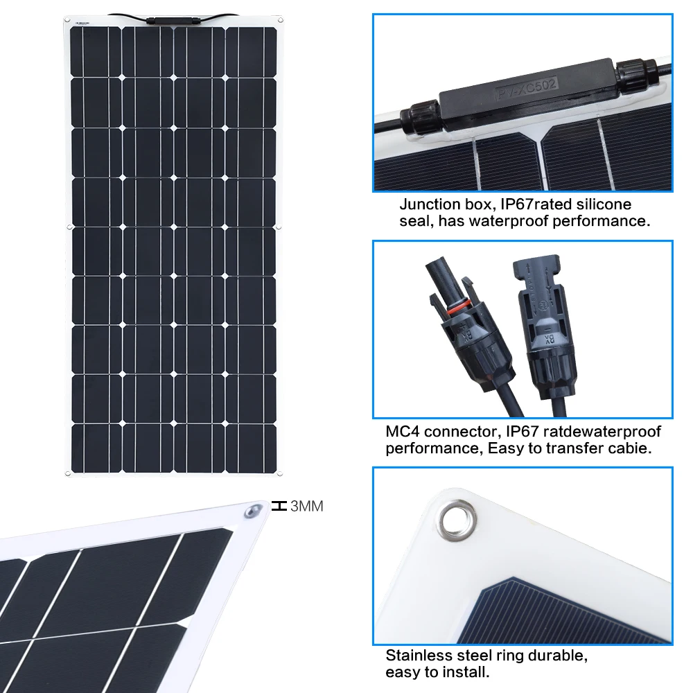 100W Solar Panel 18V 36 Cells New Quality Semi Flexible Monocrystalline PV Module for 12V Battery RV Yacht Car Home Charger 