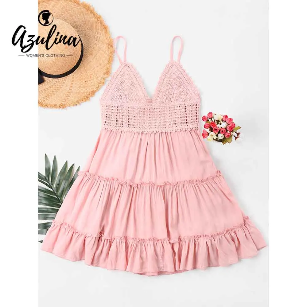 ZAFUL Crochet Panel Cami Flare Dress Knotted Back Solid Ruffle Bowknot