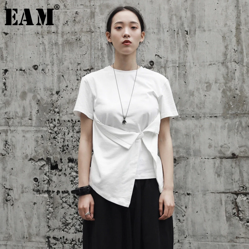 [EAM] новая весенне-летняя свободная футболка с круглым вырезом, коротким рукавом, белым подолом и асимметричным подолом, Женская мода JR497