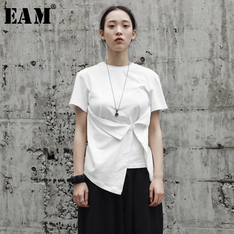 

[EAM] 2019 New Spring Summer Round Neck Short Sleeve White Hem Fold Irregular Knot Hem Loose T-shirt Women Fashion Tide JR497
