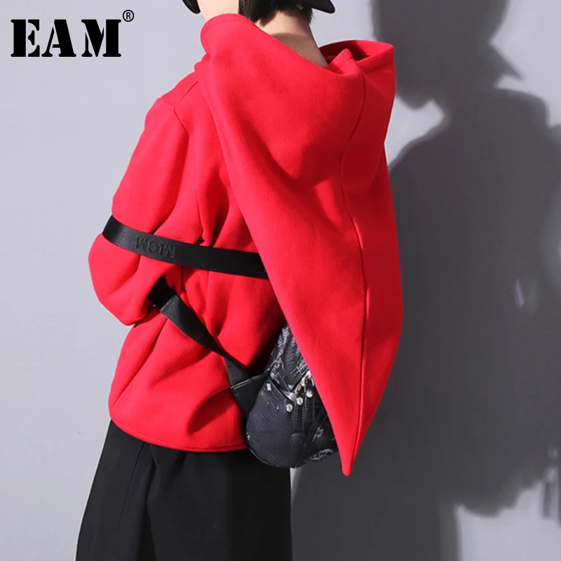 

[EAM] 2019 New Spring Hooded Long Sleeve Black Brief Loose Personality Sweatshirt Women Fashion Tide All-match JO277