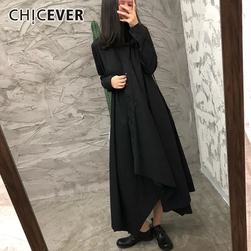 

CHICEVER Spring Dress Female Lapel Long Sleeve High Waist Bandage Irregular Hem Black Dresses Korean Fashion Clothes New
