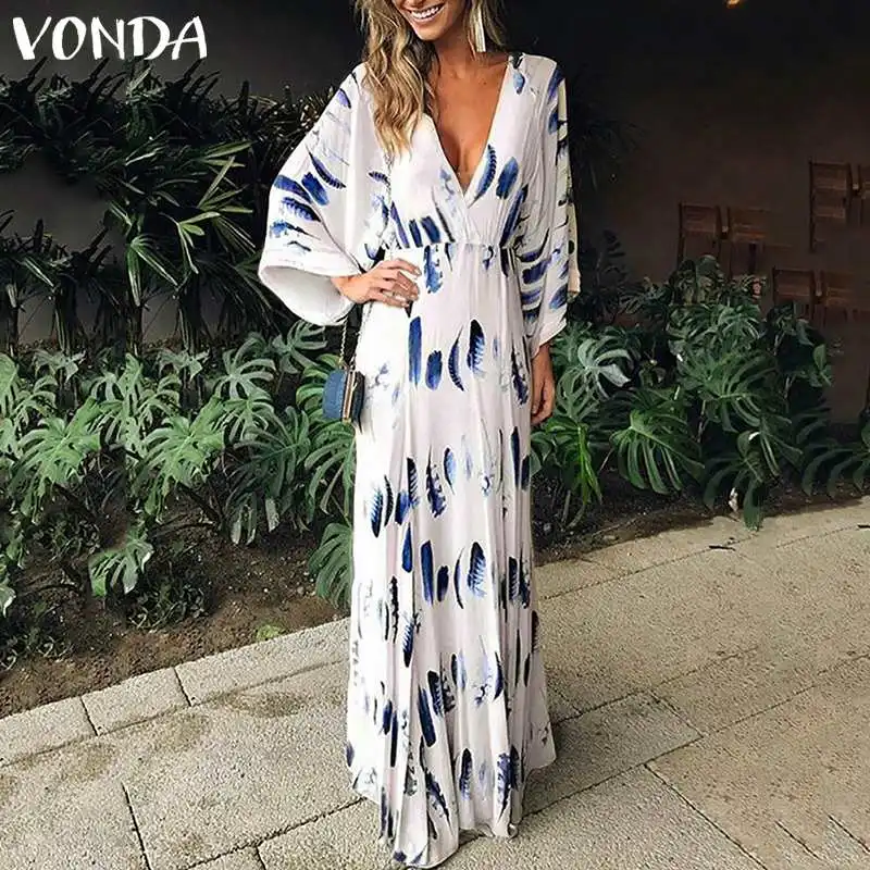

VONDA Floral Print Dress 2019 Bohemian Women Vintage V Neck Flare Sleeve Maxi Long Dress Beach Plus Size Sexy Party Vestidos 5XL
