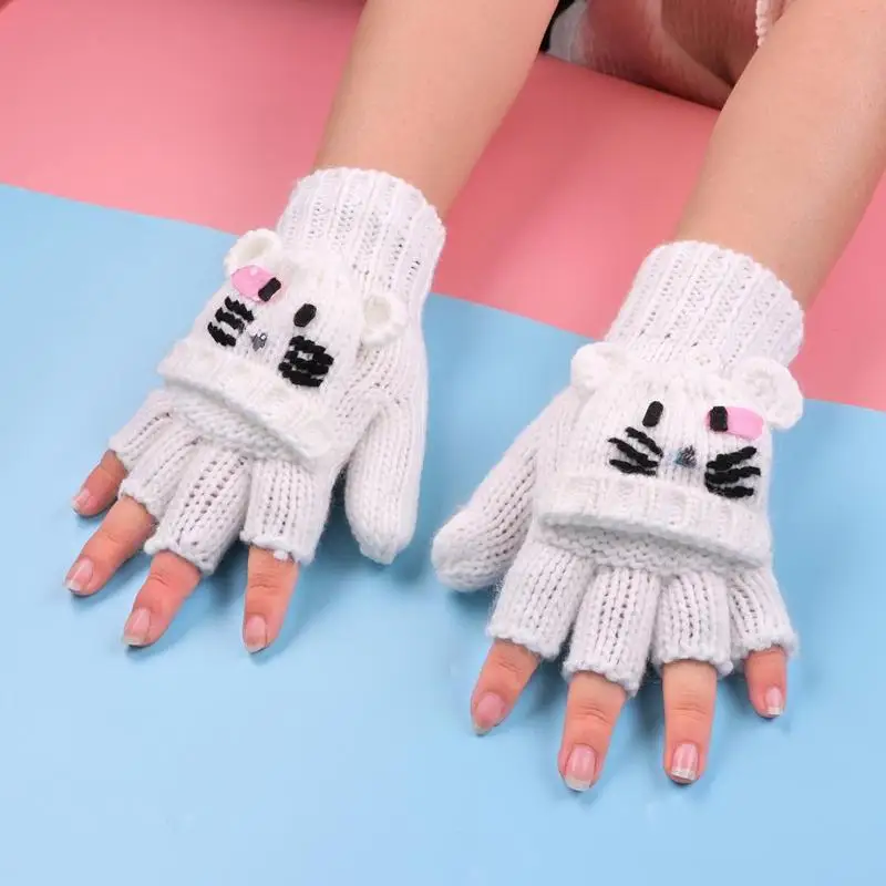 DIY милые перчатки 2018 шерстяные вязаные перчатки без пальцев женские теплые зимние флип-перчатки милые рукавицы Мультфильмы перчатки