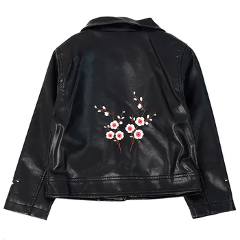 

Girls' short coat, children's embroidered leather jacket, long sleeve PU leather coat