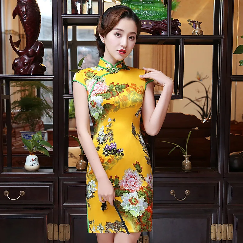 Модные желтые короткие Cheongsam современные китайские традиционные платья Qipao продвижение платье китайская цена Qi Pao женские мини платья