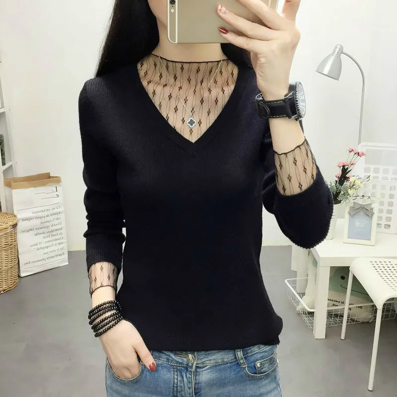

New 2019 Spring Autumn Women Lace Hollow Out Sweater V-Neck Long Sleeve Slim Women Knit Sweater And Pullover