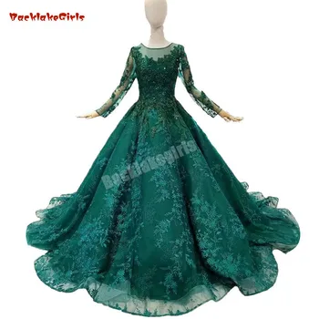 

Backlakegirls Vintage Green Tulle Ball Gown Evening Dress Elegant Illusion Sleeve Crystal Pearls Formal Evening Dress Real Photo