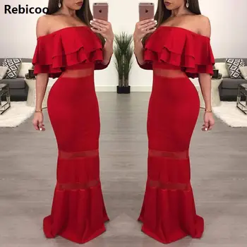 Rebicoo Women Sexy Elegant Formal Party Dresses Red Ruffle Off Shoulder Backless Pencil Dress Summer Bodycon Boho Maxi Dress khaki hollow design off shoulder bodycon party dress
