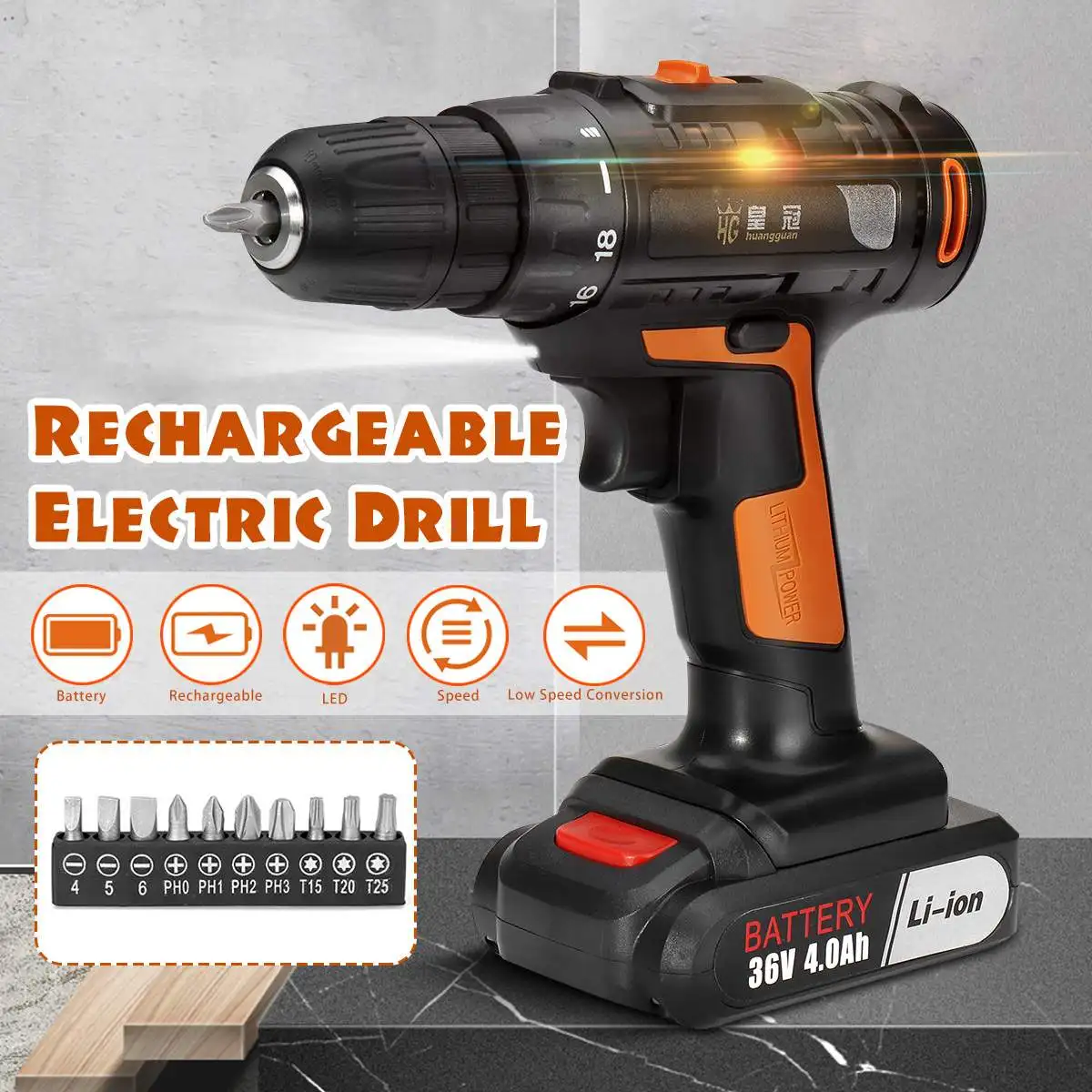 

36V 2 Speed Cordless Electric Drill Screwdriver Rechargeable Battery + Screw Set 1300R/min for DIY Home and General Building