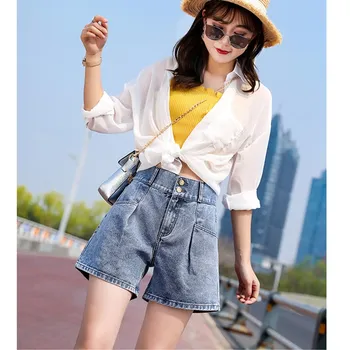 

Plus Size Streetwear Crimping Denim Shorts Solid Women 2019 Summer Fashion High Elastic Waist Jeans Shorts