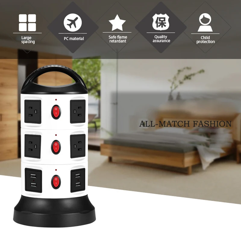 

10A 2500W Smart socket vertical row plug multi 3 layers 4 USB sockets power Strip US plug American standard Overload Protection